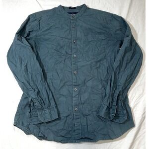 Highlander Men's Slim Fit Band Collar Casual Button Up Shirt Long Sleeve Teal L